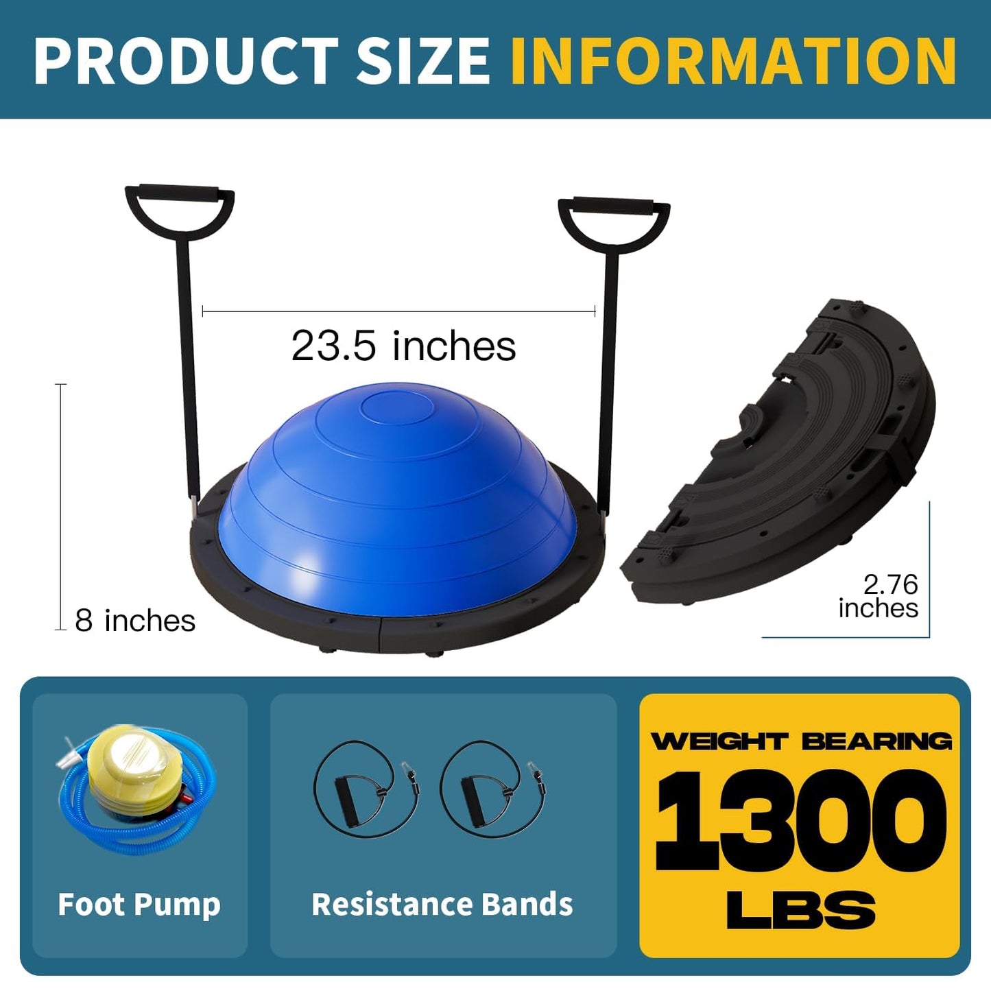 Vtory Foldable Balance Ball, Upgrate Half Ball Balance Trainer, 1300 lbs Capacity Stability Ball, 23.5 Inch Yoga Half Ball, with Resistance Band & Foot Pump, No-slip
