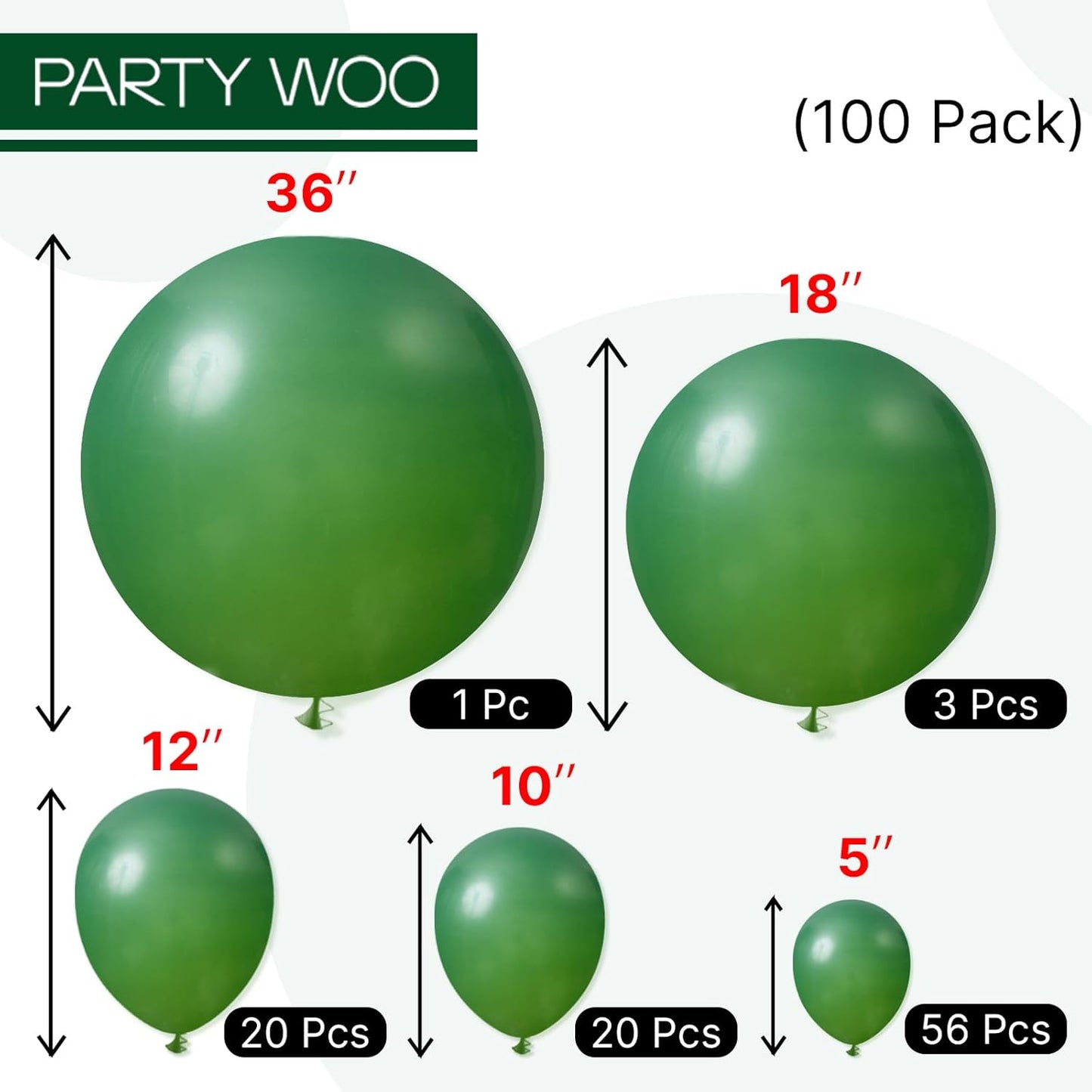 PartyWoo Dark Green Balloons - 100 Pcs in Various Sizes for Jungle Birthday & Graduation Decor | Emerald Green