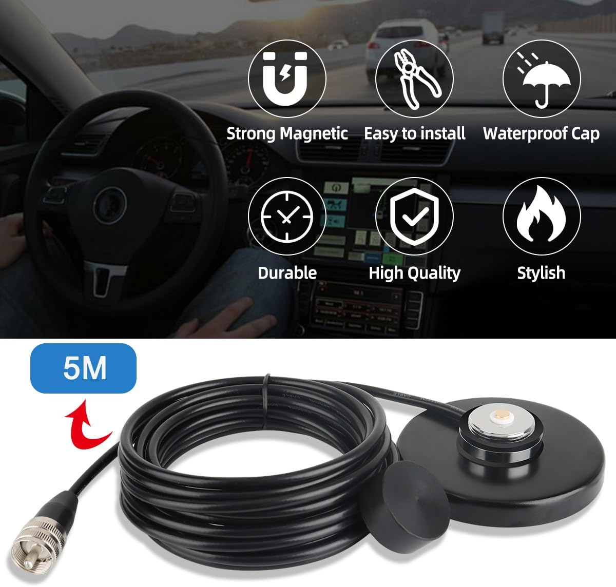 Arridioter 90mm PL259 16.4FT/5 NMO Antenna Mount Magnetic Base with Male Connector, Meters Coaxial Cable, Dust Cover
