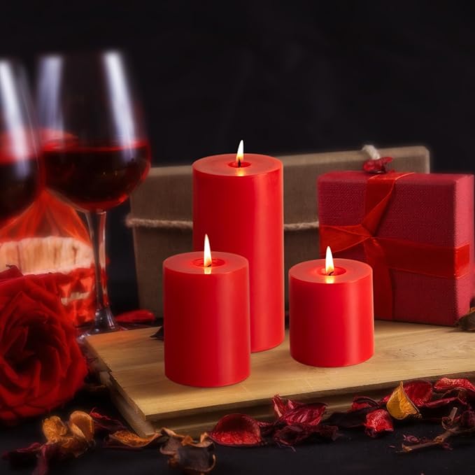 KONNI Red Pillar Candles Set of 3, 3"x 3" Unscented Pillar Candles Bulk, 30 Hours Long Burning Candles, Smokeless and Dripless Large Round Candle for Wedding, Home Decoration, Parties, Spas, Dinner