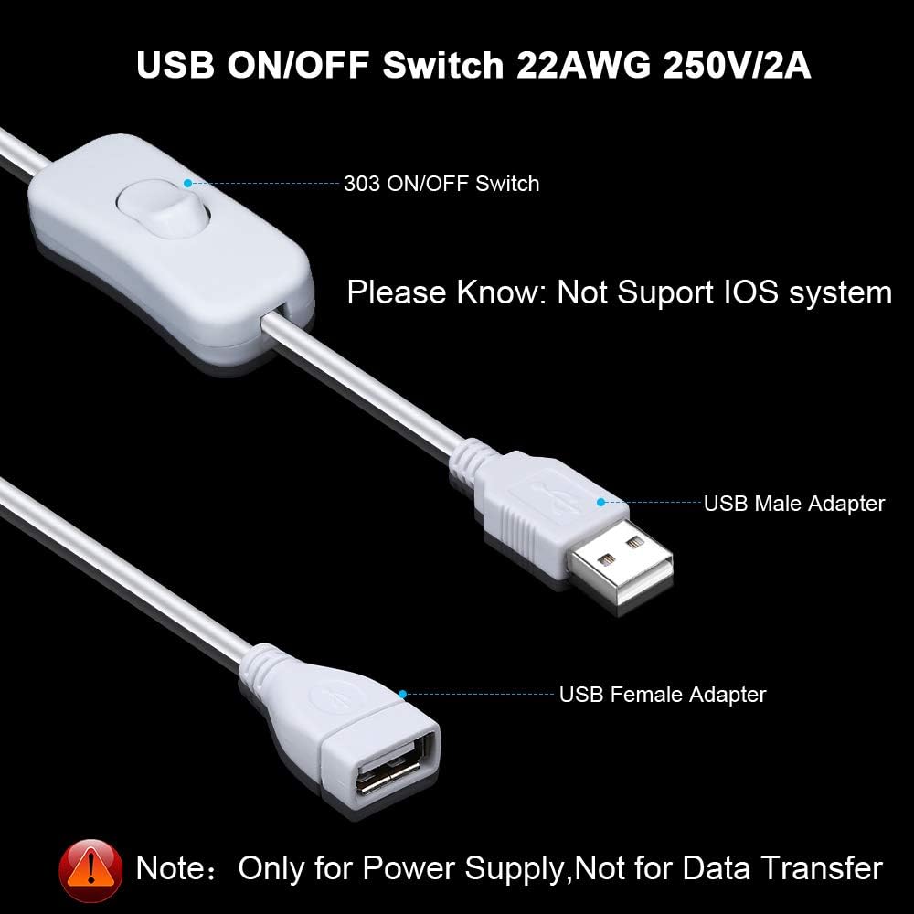 2 Pack ELECTOP Male to Female USB Cable with On/Off Switch, USB Extension Inline Rocker Switch for Driving Recorder