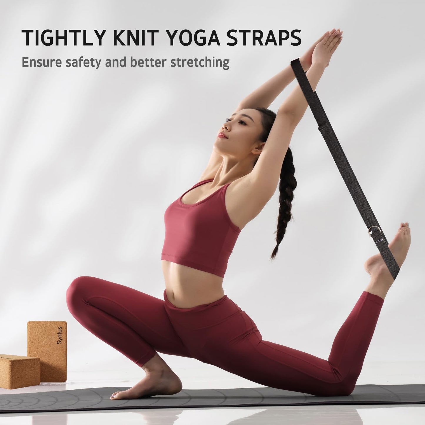 Syntus Yoga Block and Strap Set, 2 Natural Cork Soft Non-Slip Blocks 9×6×4 inches, 8FT Metal D-Ring Strap for Yoga, General Fitness, Pilates, Stretching and Toning