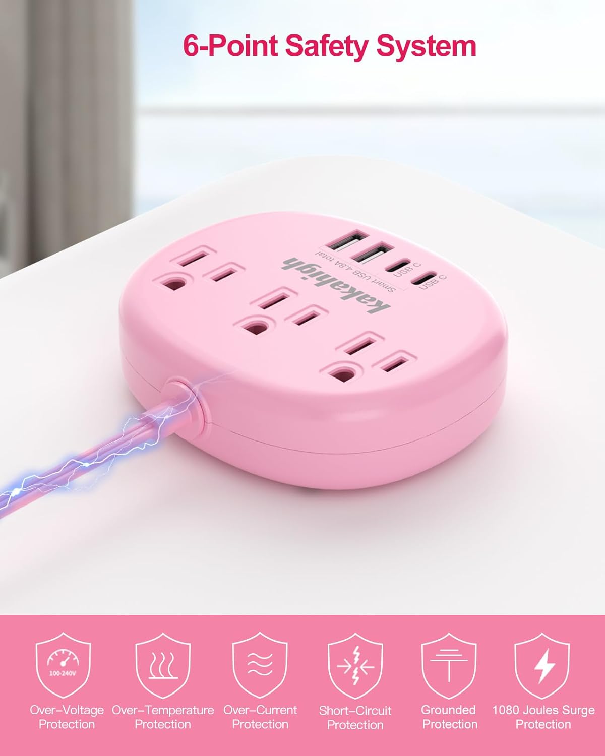 kakahigh 1080J 5 1625W 3 4 (24W/4.8A), Pink Extension Cord with Surge Protected - FT Kawaii Power Strip, Cute Extension