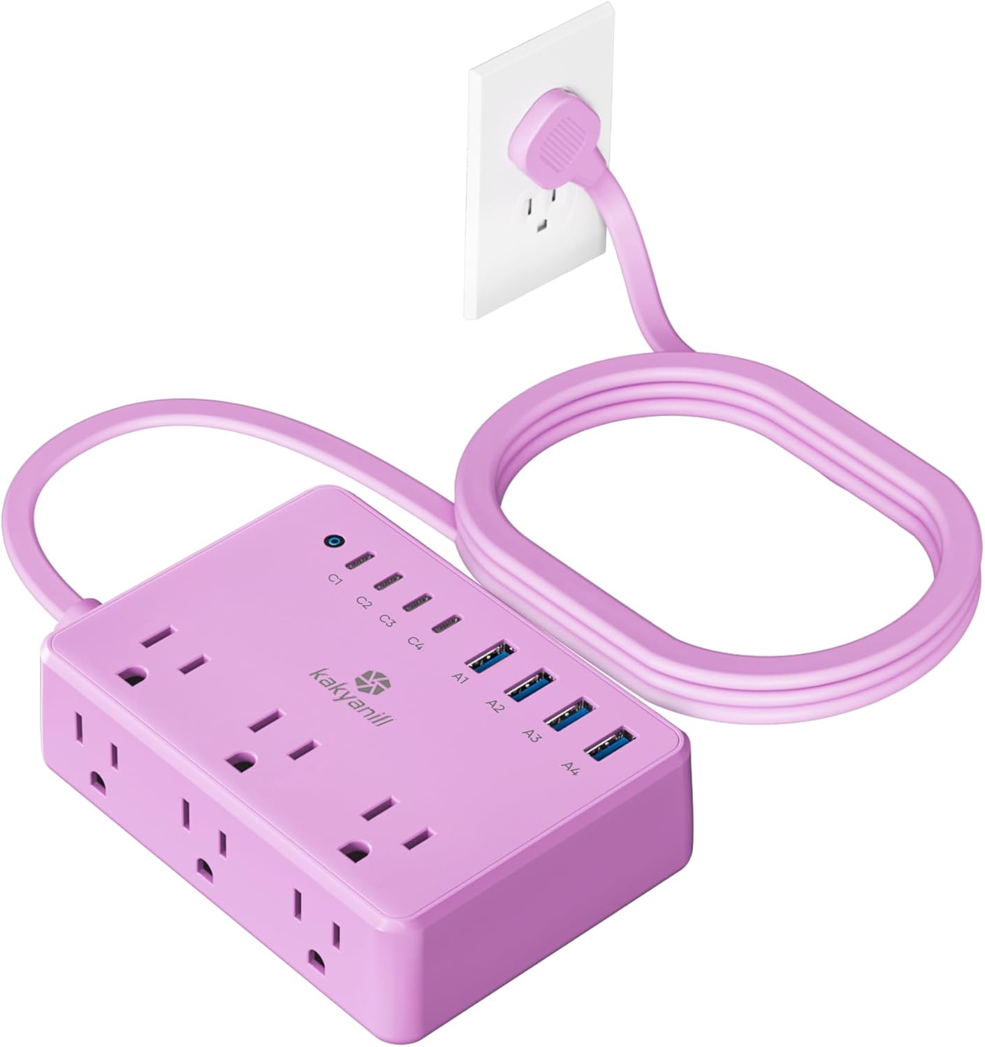 kakyanill 6 8 Ports(4 2000J 5ft Purple Power Strip, AC Outlets USB USB C) with Surge Protector, Flat Plug Purple