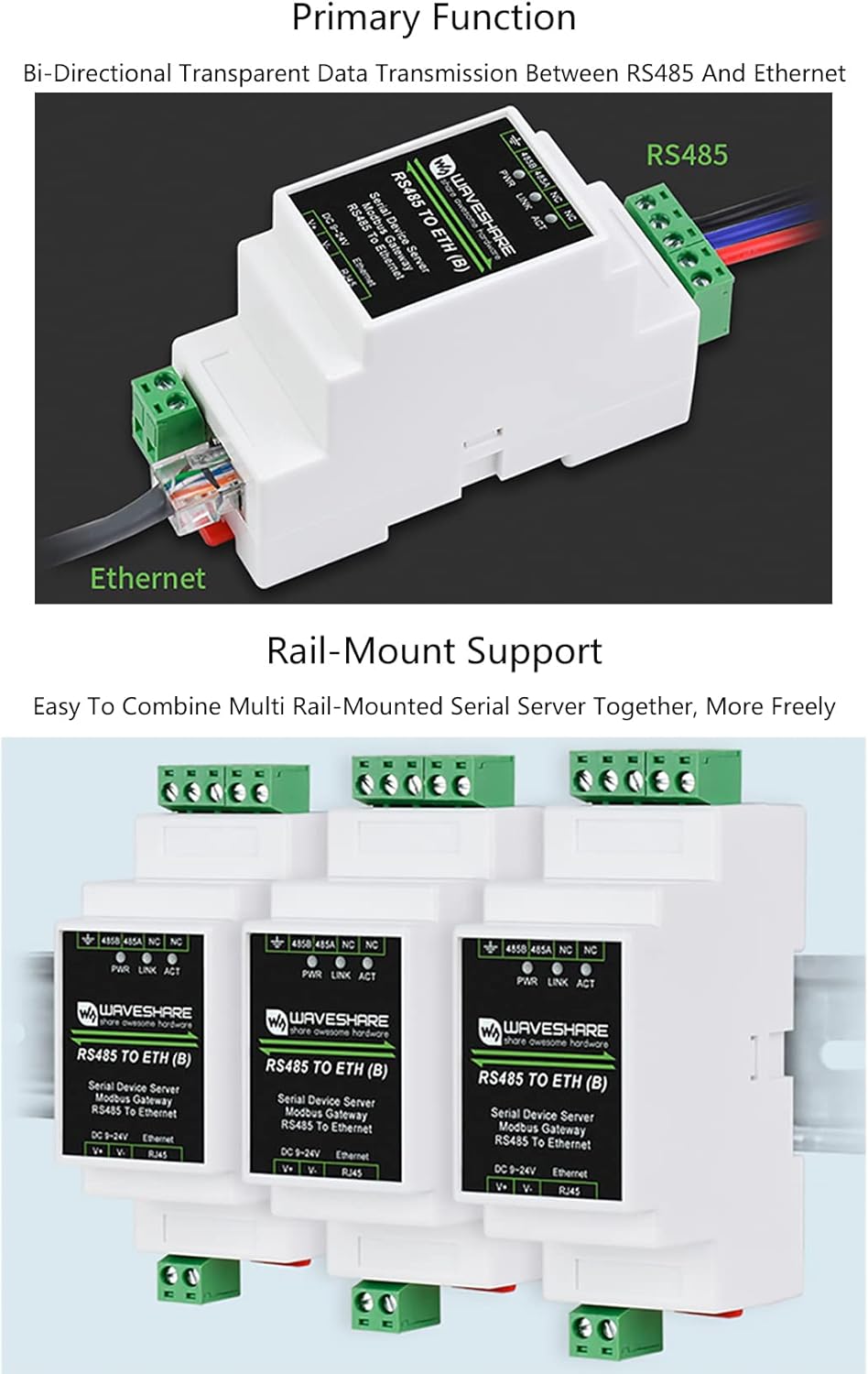 waveshare RS485 RJ45 Communication Ethernet Industrial Serial Server to Ethernet Module, TCP/IP to Serial, Support