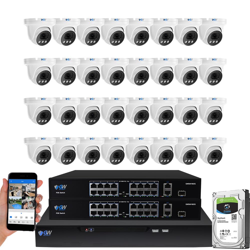GW Security 32 Channel NVR UltraHD 4K Face Recognition NDAA & TAA Compliant Security Camera System with 32 x 8MP @25FPS Outdoor & Indoor PoE Turret Cameras, 10 Smart AI Functions