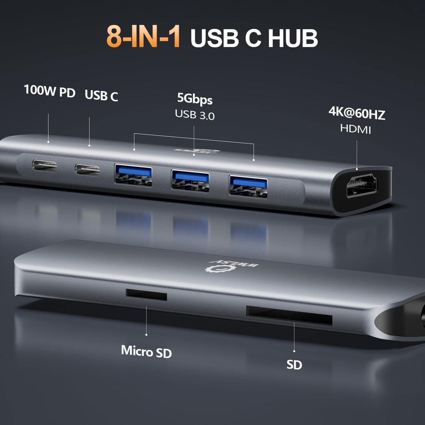 WWLSV 8 1 4K@60Hz 3.0/PD USB C Hub Multiport Adapter for MacBook/Dell/HP/Lenovo, in Laptop Docking Station with HDMI