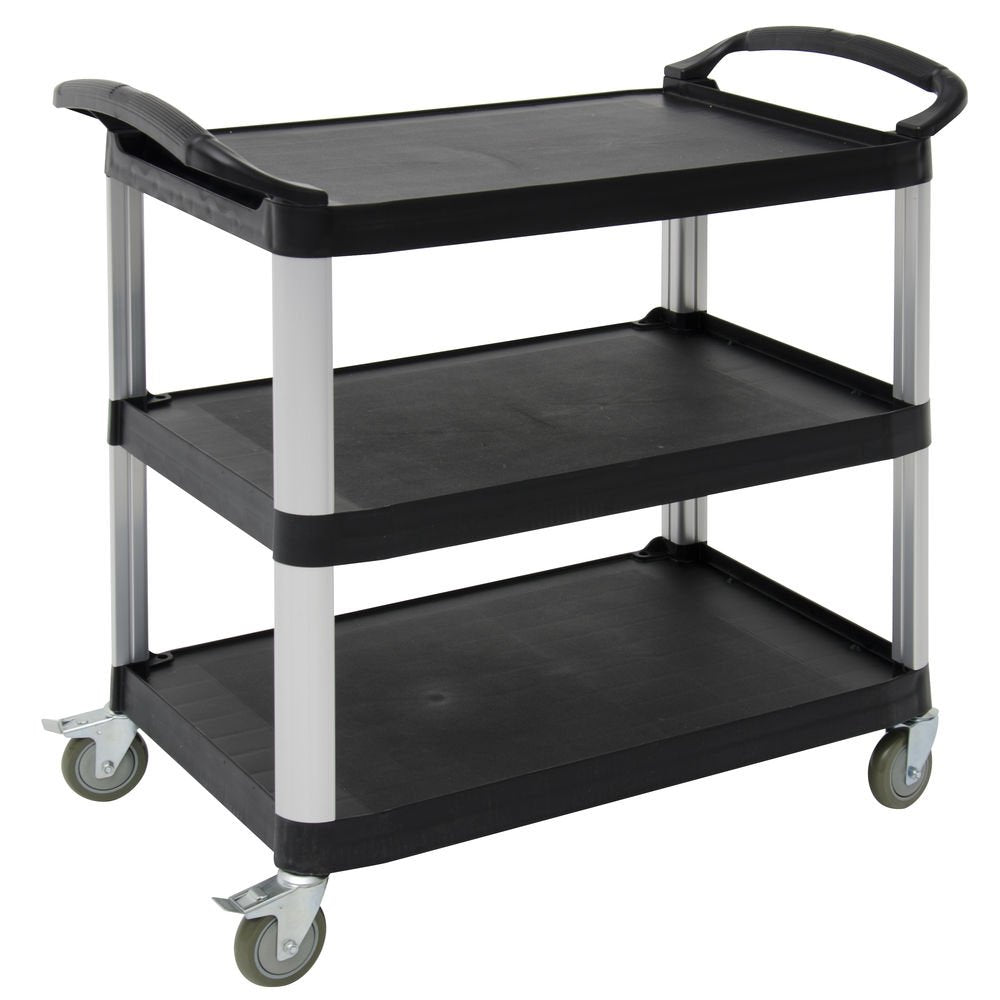 HUBERT Commercial Plastic Utiltiy Cart, 3-Shelf Mobile Bussing and Transport Cart, Knocked Down, 200 lb. Weight Capacity