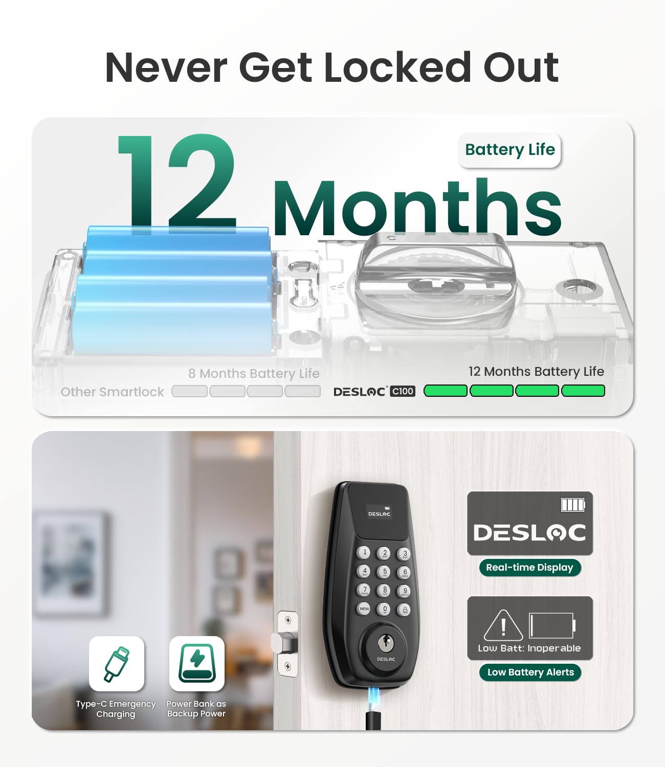 DESLOC C100 Keyless Entry Door Lock with Visual Display, 100 Customizable User Codes and 4 One-Pass Code, Door Locks for Front Door with 2 Keys,12 Months Battery, IP54, BHMA Grade 3, Auto Lock, Black