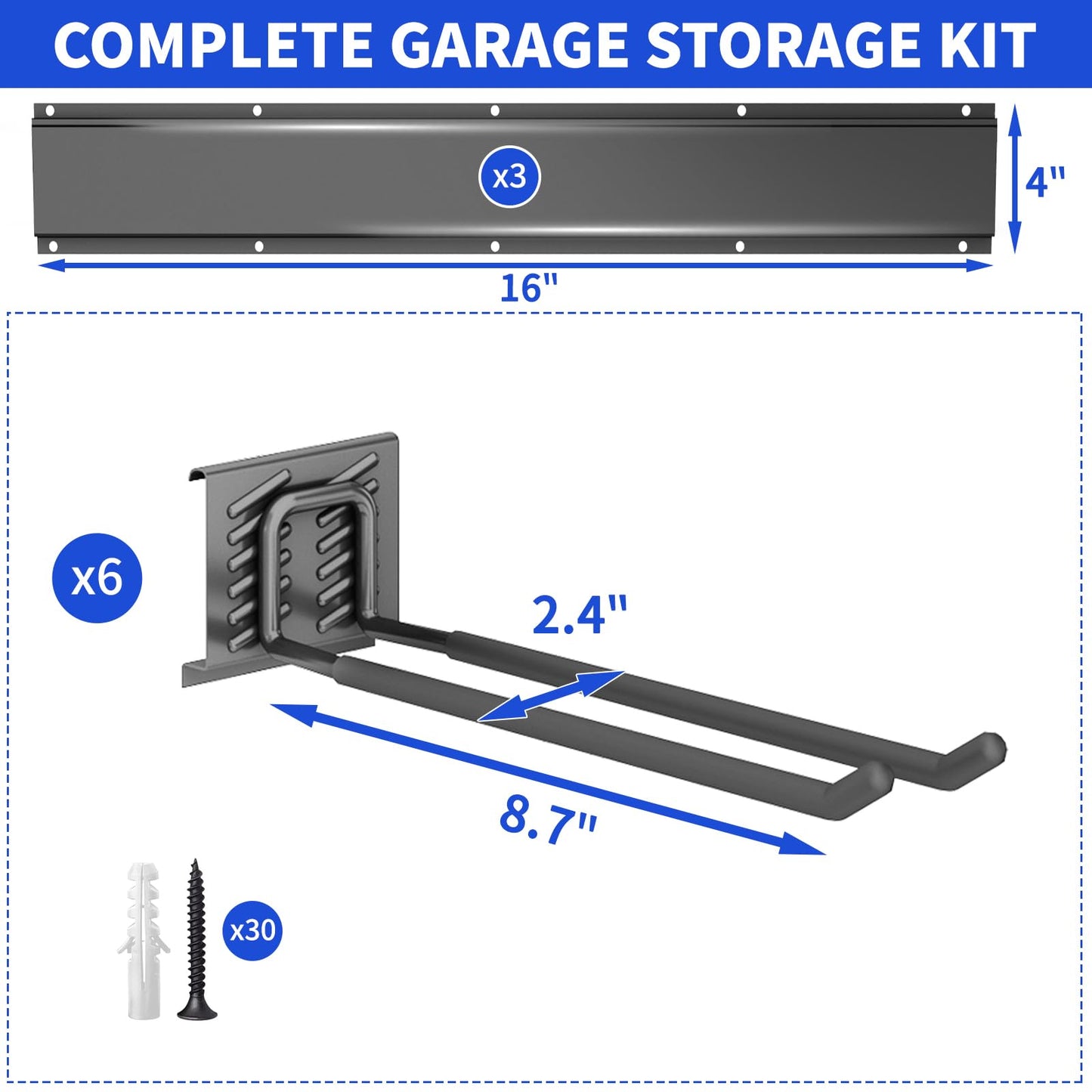 CRXCRC Garage Tool Organizer Wall Mount, 48 Inch Heavy Duty Garden Tool Organizer Storage System, Easy Install with 6 Adjustable Straight Hooks, for Garage, Basement, Shed, Workshop, Black, Steel