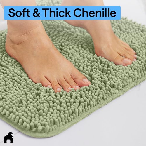 GORILLA GRIP Bath Rug Mat - Soft Absorbent Chenille | Quick Dry Microfiber, 48x17, Sage Green