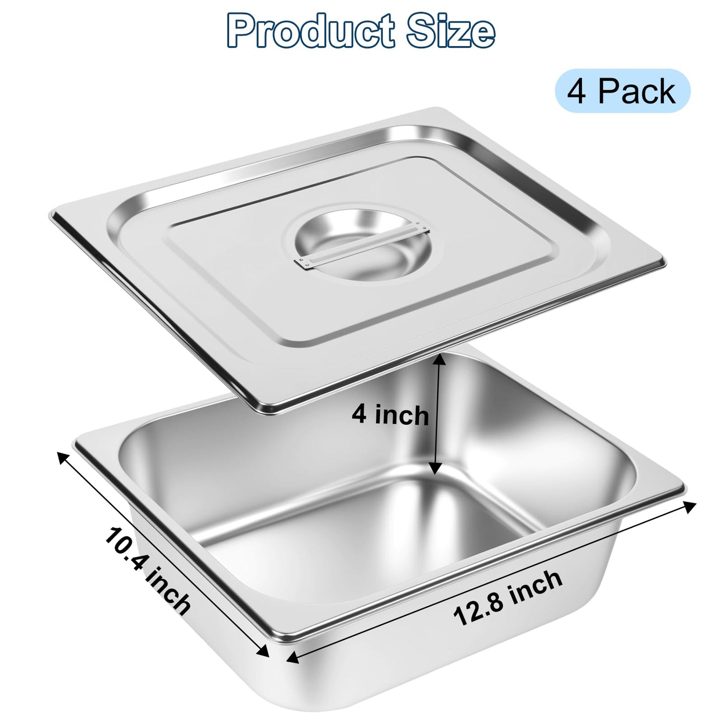 Botyboty 4 Pack 1/2 Half Size Hotel Pans 4 Inch Deep with Lids, Stainless Steel Steam Table Pan Half Size with Lids, Commercial Food Pans for Hotel, Home, Restaurant, Catering, Buffet Pan