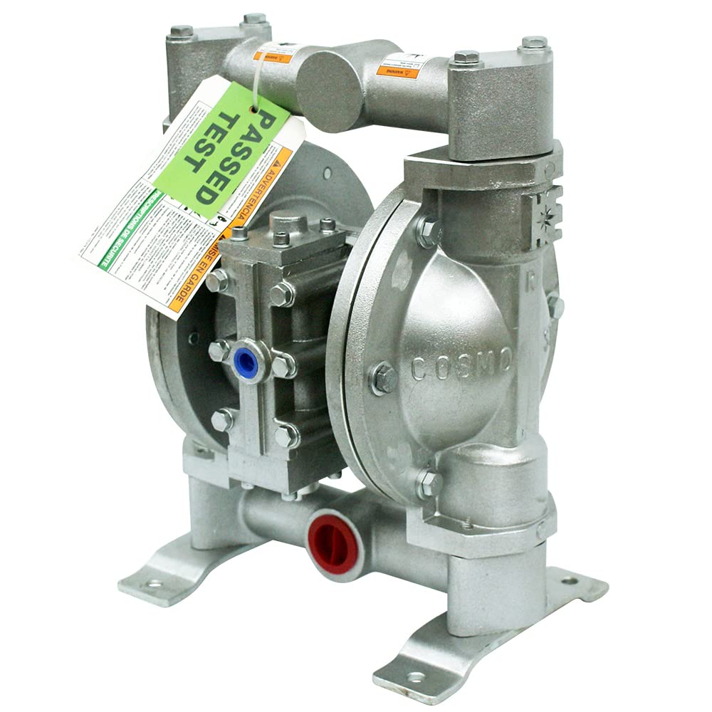 COSMOSTAR D0906 1" Double Air Diaphragm Pump - Aluminum Body, Teflon Ball, Seat and Diaphragm With Muffler - Chemical, Waste Oil, Pneumatic Oil Pump
