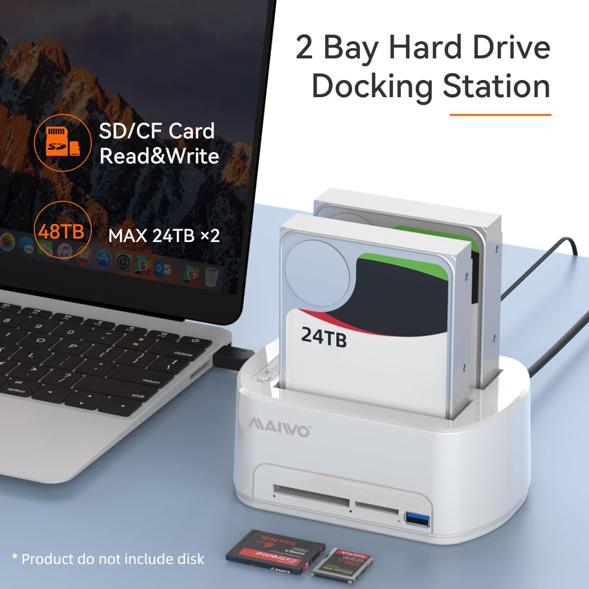 MAIWO 3.0 2.5 3.5-inch 2*24TB, SATA to USB Dual-Bay Hard Drive Docking Station with Offline Clone for & HDD/SSD, Hard