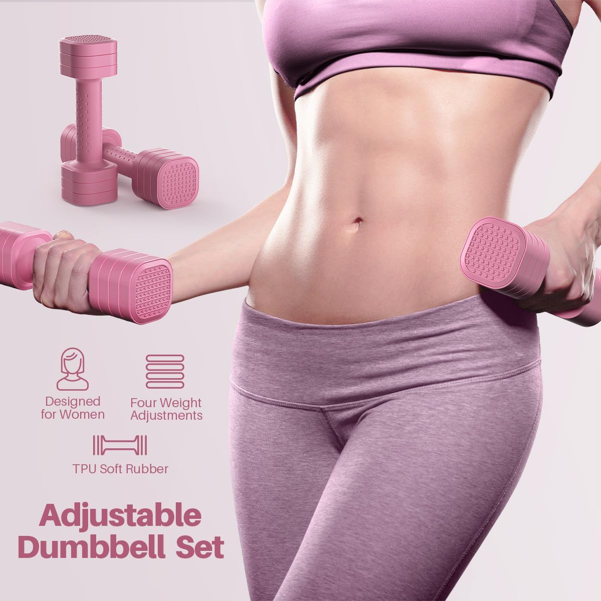 Zempox Adjustable Dumbbell Set, 4 in 1 Free Weight Dumbbell Set for Women, Hand Weight for Women at Home, Each 2lb 3lb 4lb 5lb with TPU Soft Rubber Handle for Home Gym Aquatic Fitness Equipment,Pink