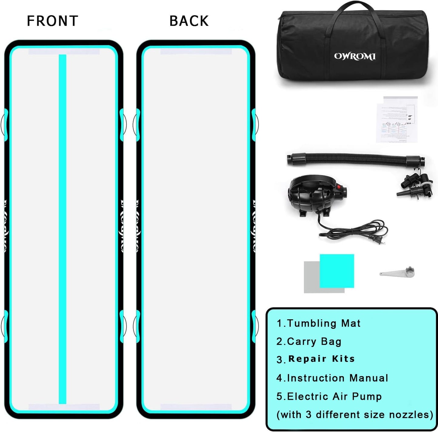 OWROMI Inflatable Air Gymnastics Mats for Tumbling, 10ft/13ft/16ft/20ft Tumble Track Tumbling Mats for Kids, 4/8 Inches Thick Training Mat with Electric Pump Gymnastics Equipment for Kids Mat