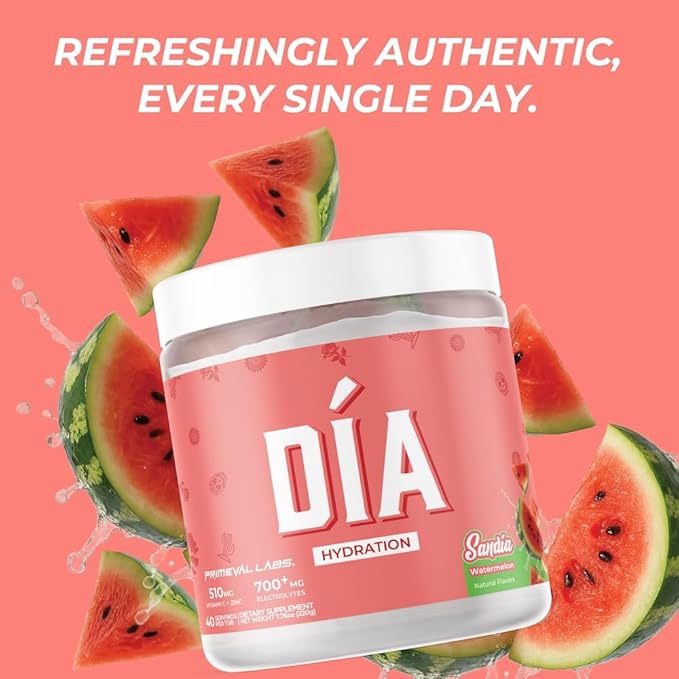 Primeval Labs Dia Hydration Electrolyte Powder | Vitamin C + Zinc, Taurine & Electrolytes | Low Sugar Daily Hydration Drink | 40 Serving Tubs | Sandia