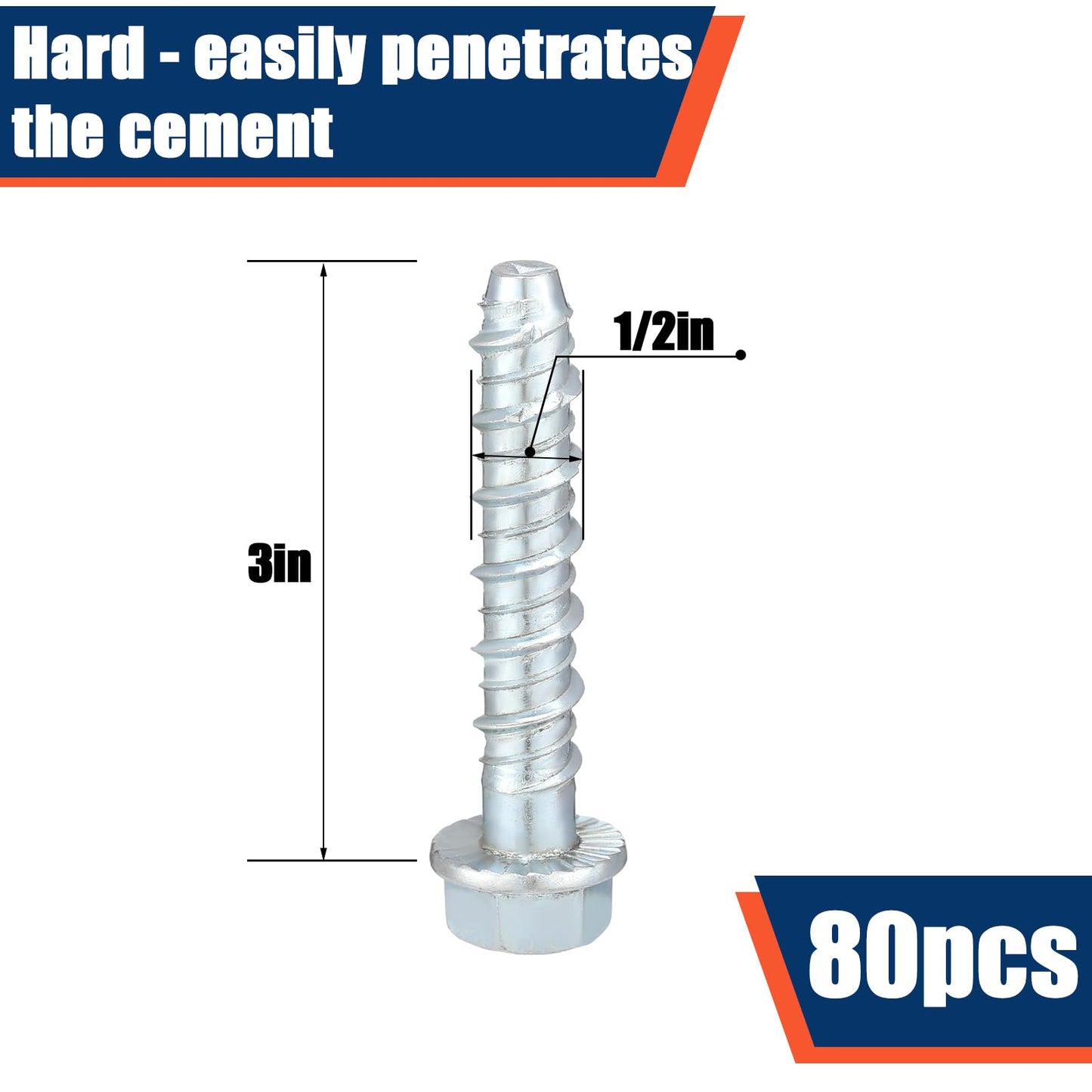 Tandefio 80 Pack 1/2" x 3" Concrete Screw Anchor Galvanized Large Diameter Heavy Duty Plated Concrete Anchors for Masonry Brick Anchoring Block Decking Framing Hex Drive