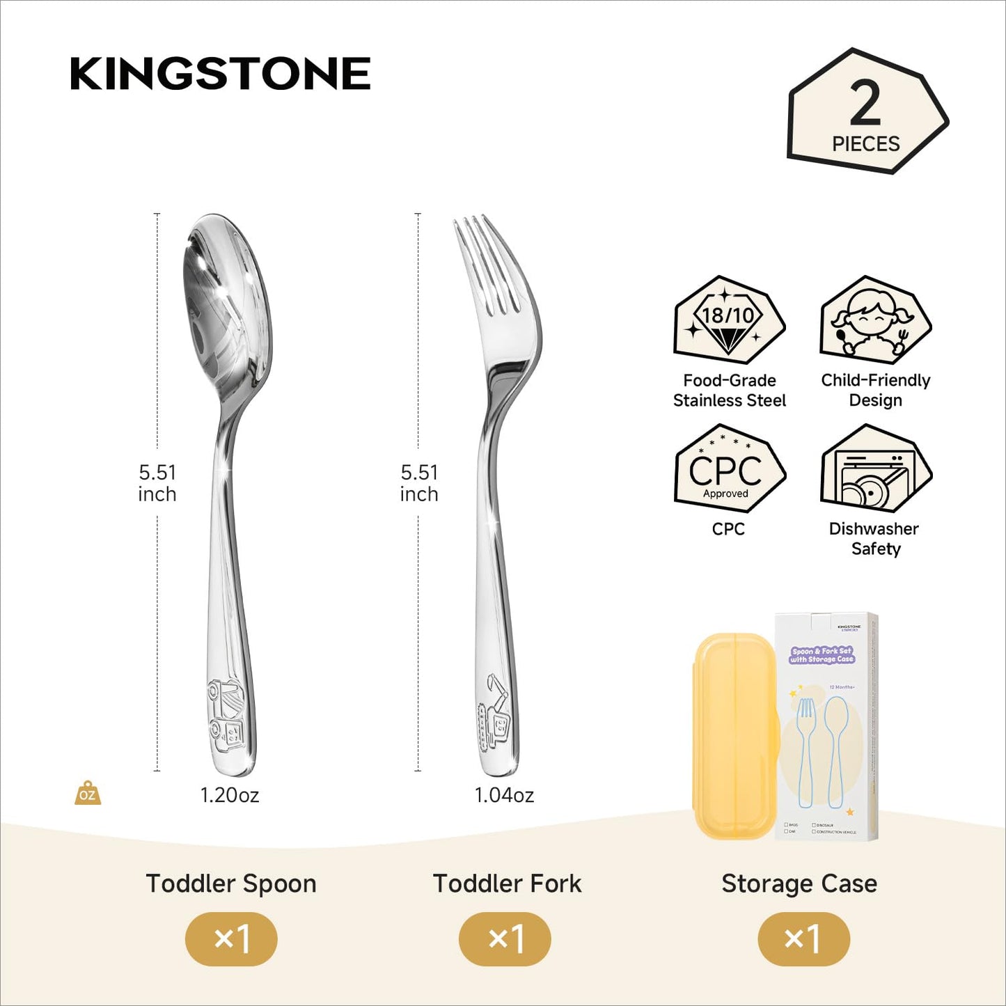 KINGSTONE Toddler Utensils Set with Case, 18/10 Stainless Steel Kids Silverware - Small Fork & Spoon, Construction Vehicle, Digger & Dump Truck Food-Grade Toddler Dishes, Dishwasher Safe