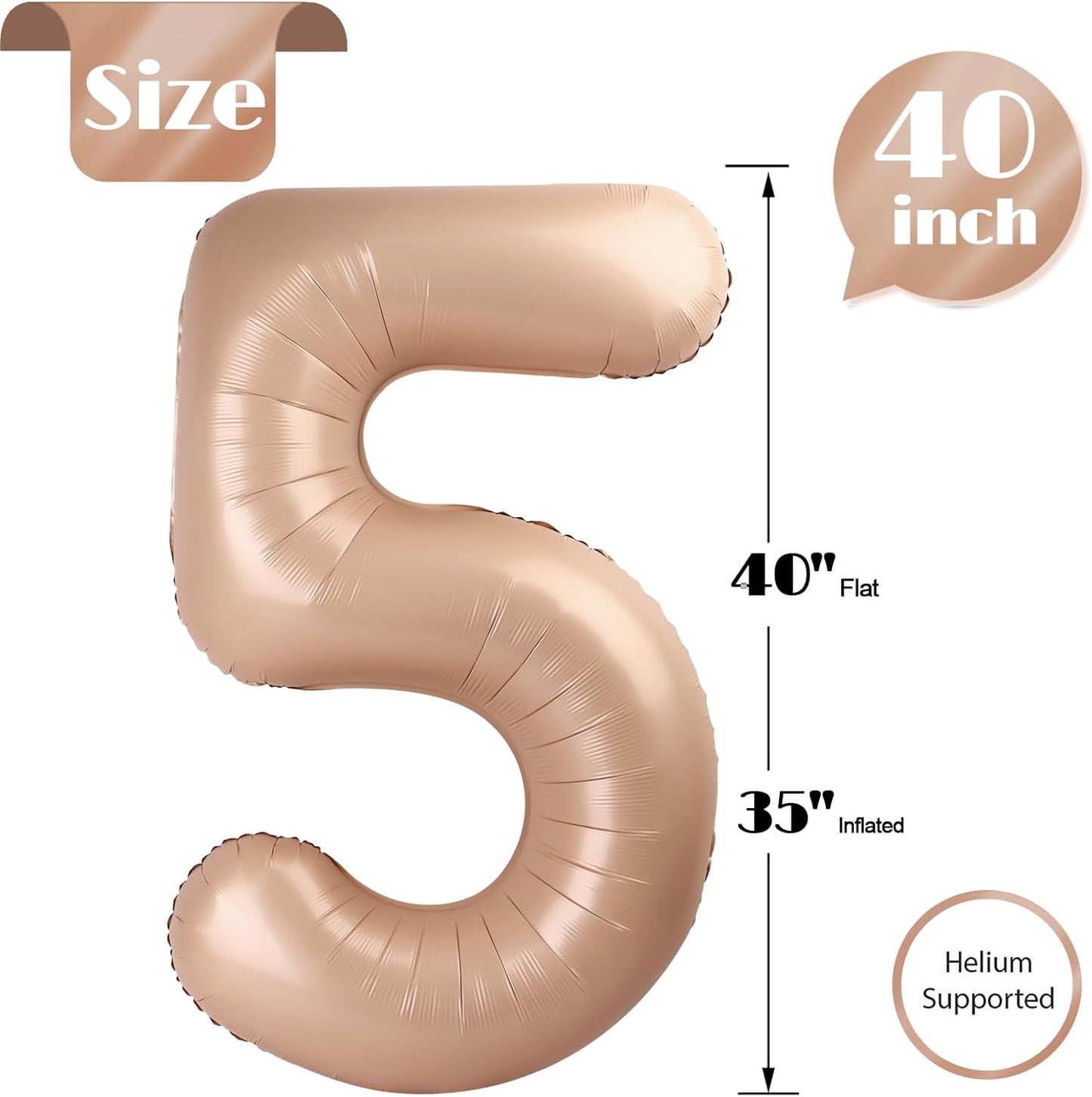 Tan Number 5 Balloon | 40-Inch Light Brown Birthday Decoration | Beige Party Supplies