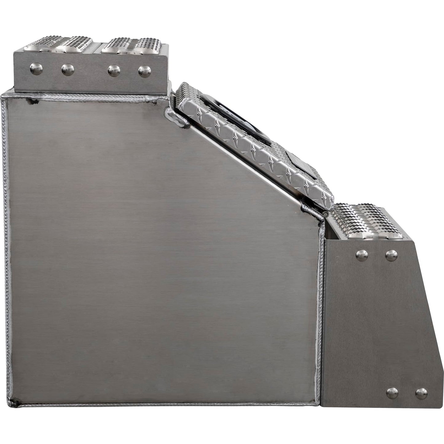 Buyers Products 1705180 Silver Diamond Tread Aluminum Heavy Duty Saddle Step Box, 24 x 28 x 12 Inch, Frame Steps With Built In Side Storage, Locking Die-cast Compression Latch, Semi-Truck Tool Box