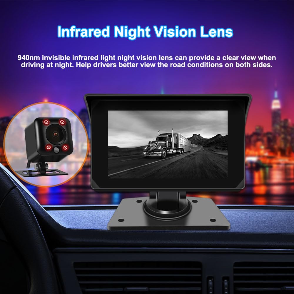 VSYSTO Truck Carplay, 5" Touchscreen WiFi 3CH Truck Dash Cam, GPS Navigation, Parking Monitoring, Front and Left and Right Cameras, Infrared Night Vision, Wired Controller, Temperature Display