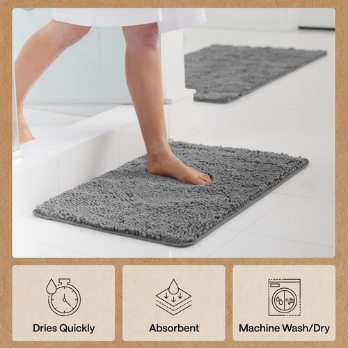 GORILLA GRIP Bath Rug Mat - Thick Soft Absorbent Chenille | Quick-Dry Microfiber, 60x24, Grey