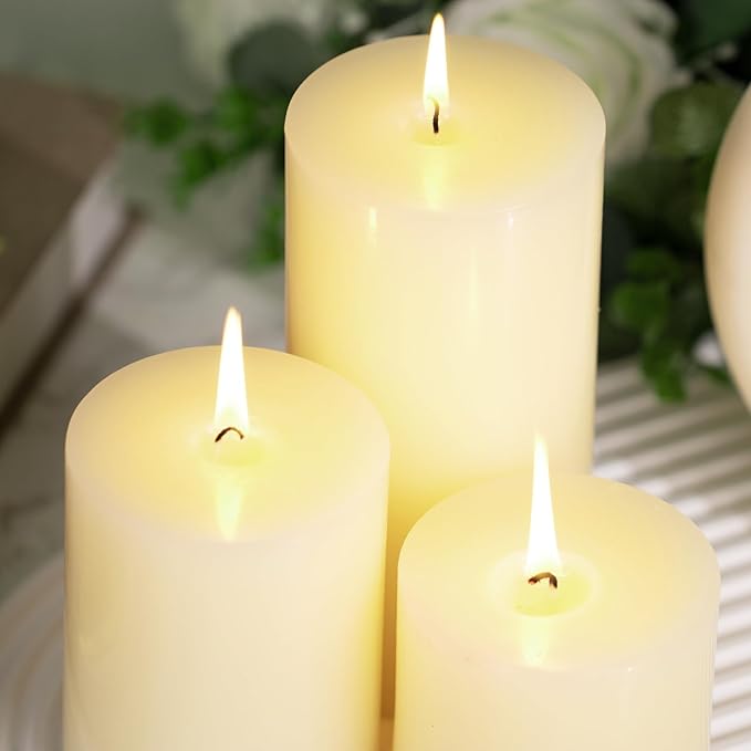 KONNI Ivory Pillar Candles Set of 3, 3"x 6" Unscented Pillar Candles Bulk, 56 Hours Long Burning Candles, Smokeless&Dripless Large Round Candle for Wedding, Home Decoration, Parties, Spas, Dinner