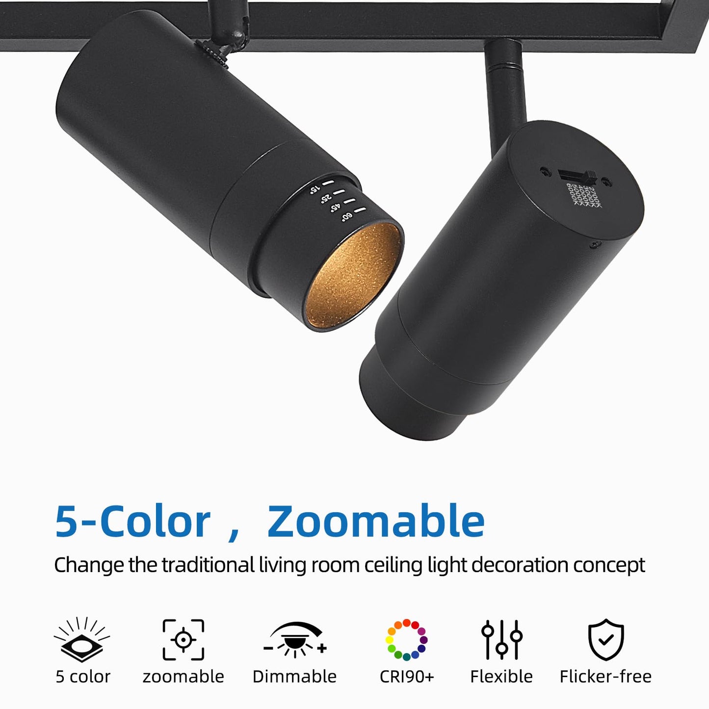 AIBISOD Zoomable 5-Color LED Track Lighting Kit, 6-Light Dimmable Ceiling Spotlights, 15°-60° Black Modern Track Light Fixture with Flexible Rotatable Heads for Kitchen, Living Room, Bedroom