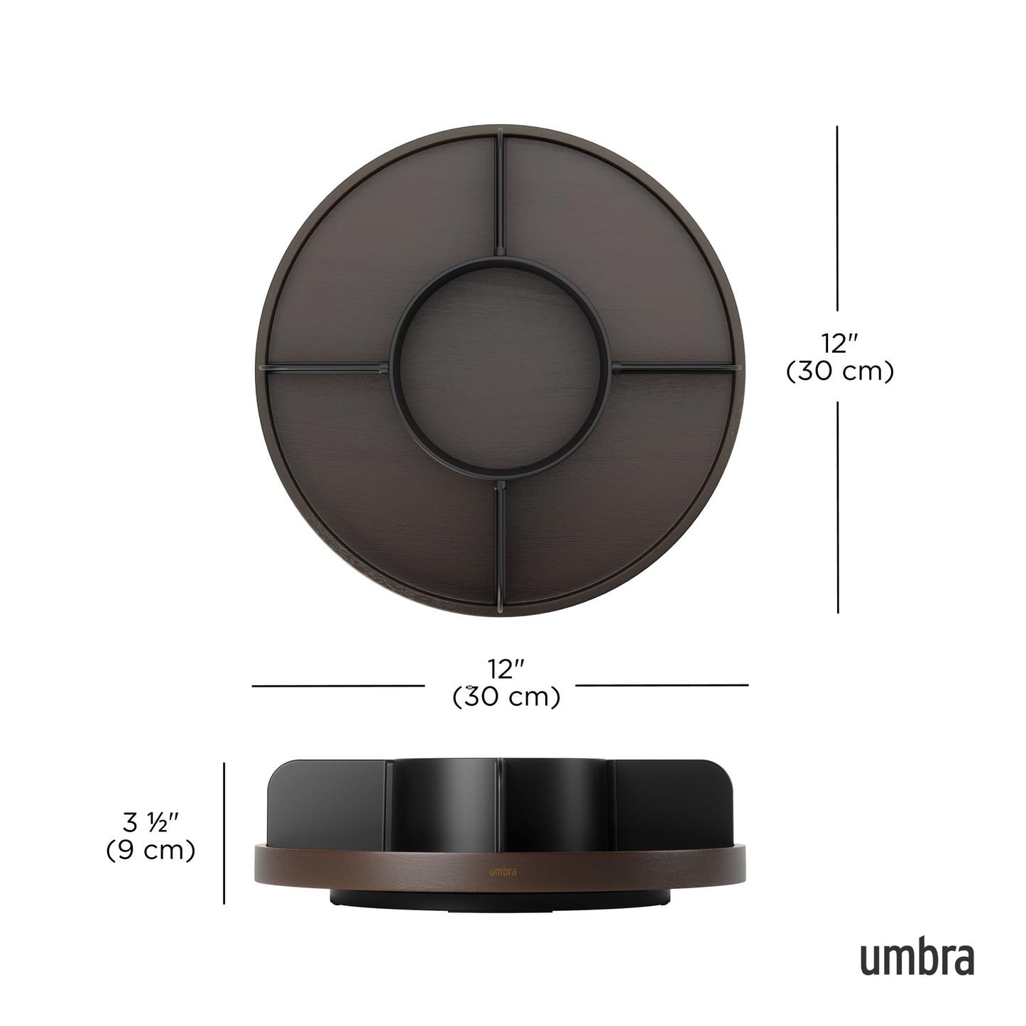 Umbra Bellwood Lazy Susan Divided Tray Organizer for Pantry Spices and More, Made of Durable Plastic and Wood, Black/Walnut