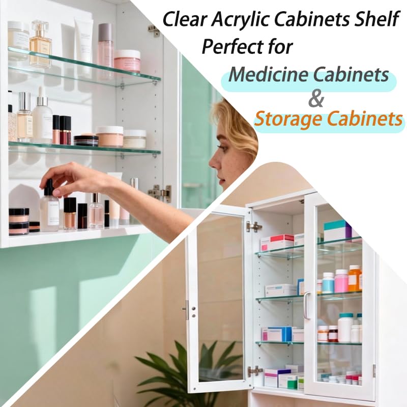 Yunguzi 2 PCS 13 Inch Acrylic Medicine Cabinet Shelves – Clear Replacement Cabinet Shelf for Bathroom, Kitchen, Living Room, Wall-Mounted & Hanging Cabinets