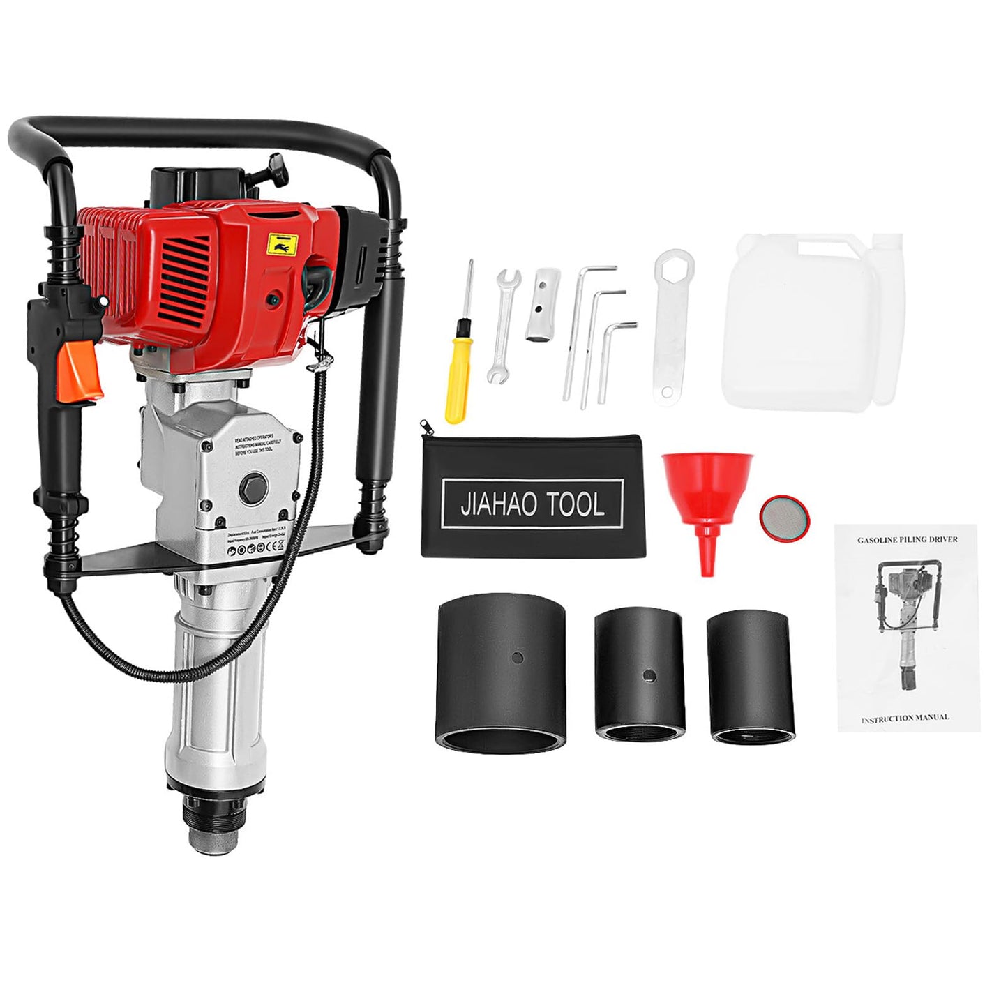 52CC 2 Stroke Gasoline Farm Fence Pile Driver 1900W 2800BPM Gas Powered T Posts Driver with 3 Post Driving Heads Gasoline Piling for Fence Post Construction