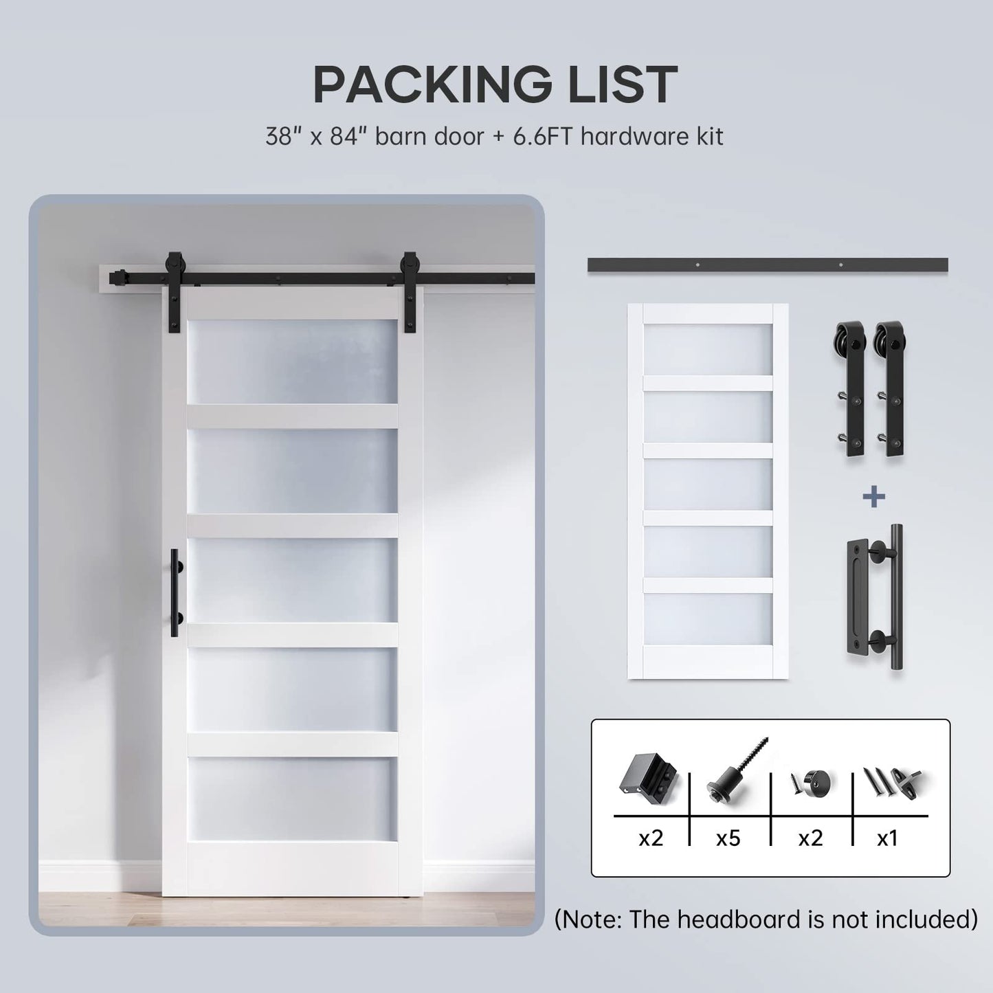 ROYMELO 38x84 Inch Glass Sliding Barn Door Slab and 6.6ft Hardware Kit Included, 5 Frosted Glass, LVL Wood Panel Covered with White Water-Proof Scratch-Proof PVC Surface, Simple DIY Assembly