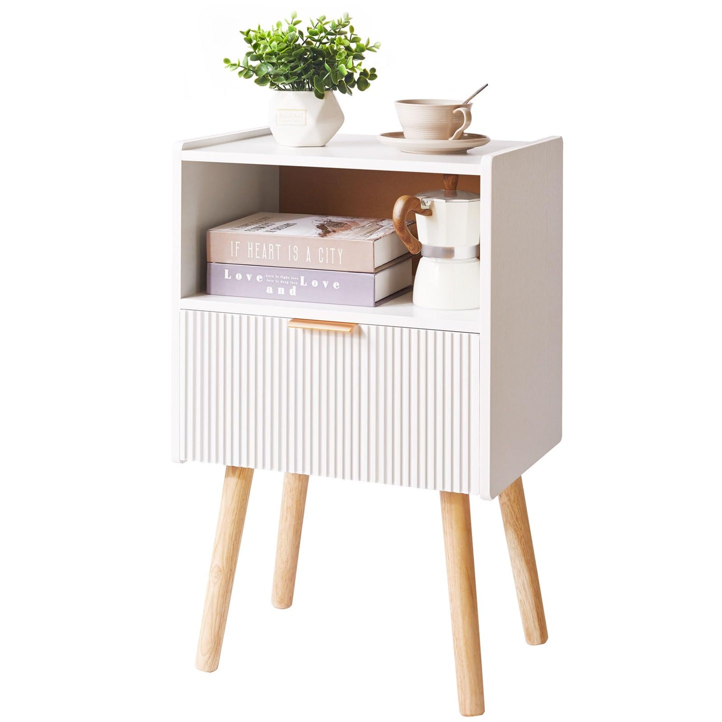Aibiju Nightstand with Storage Drawer, Modern Bedside Table with Liner Drawer and Solid Wood Legs