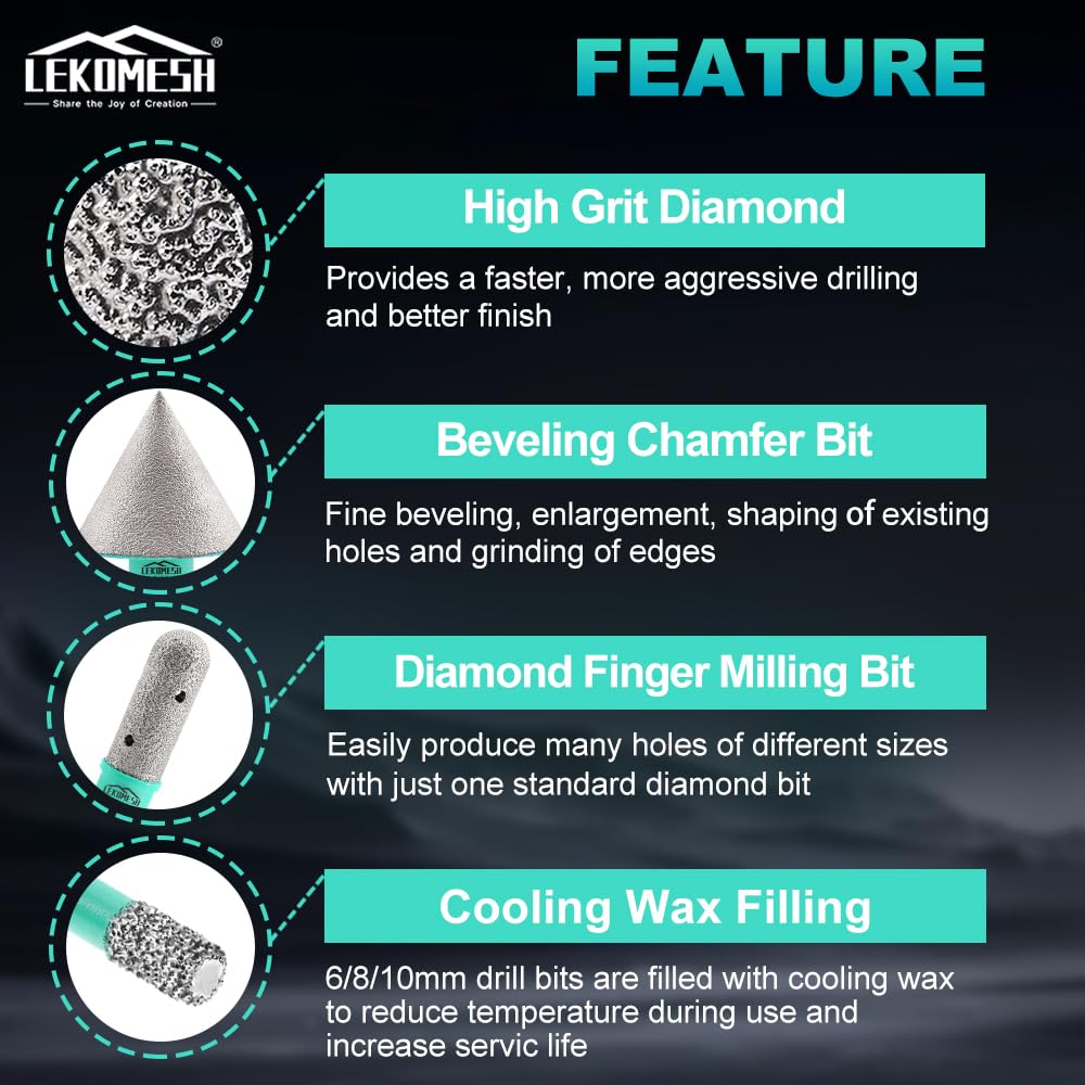 LEKOMESH Tile Hole Saw Kit for Porcelain Tile-(6/6/8/20/35/50/75/100/125mm+Finger Bit+Chamfer Bit+Adapter+Tile Blade) Diamond Tile Drill Bits Precision Cutting for Ceramic Marble,5/8"-11 Thread