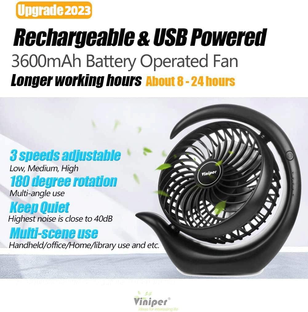 Viniper Portable Rechargeable Fan - 3 Speed Battery Desk Fan with 180° Rotation | 6.2 Inch, Black