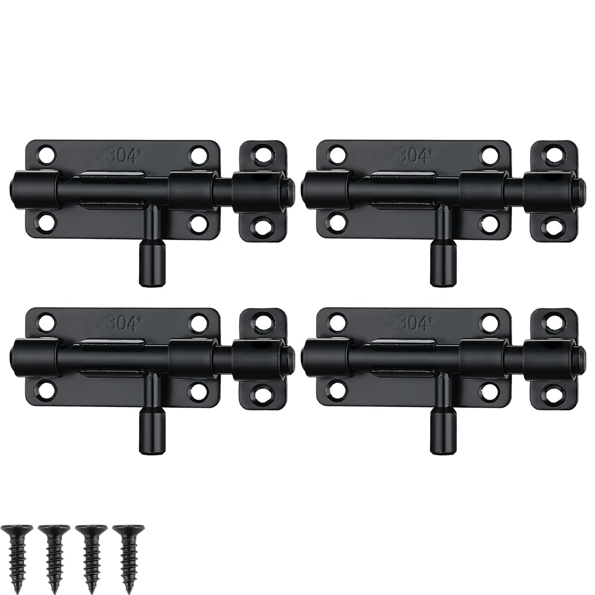 JQK Door Security Slide Latch Lock Barrel Bolt, 304 Stainless Steel Sliding Gate Latches Thickened 1.4mm with Padlock Hole, Black, 4 Pack HBB120-BK-P4