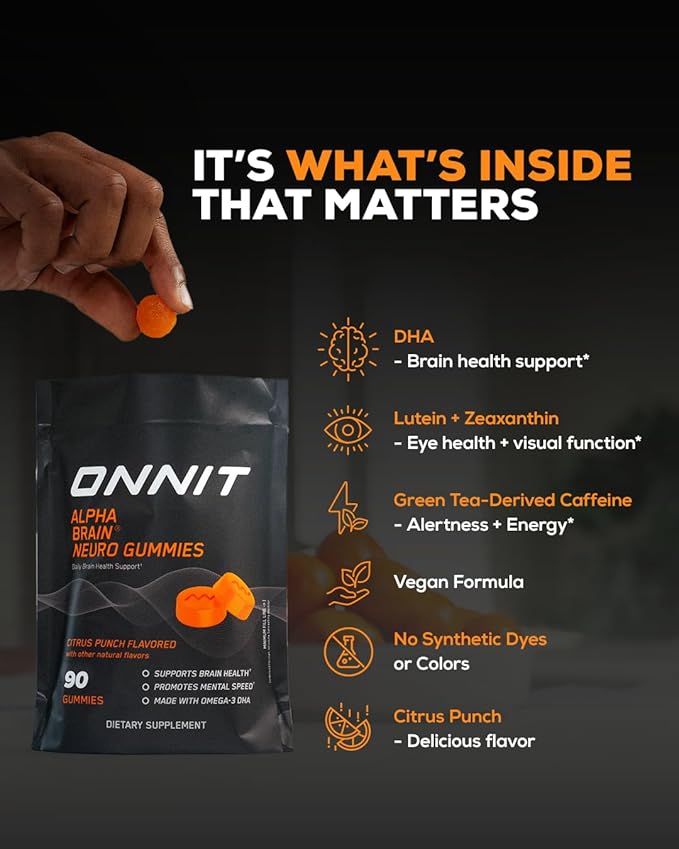 ONNIT Alpha Brain Neuro Focus Gummies - Vegan Gummies with Omega-3s, Lutein, Zeaxanthin & Caffeine - Brain, Eye & Focus Supplement for Men & Women?? Citrus Punch Flavor, 90 Count