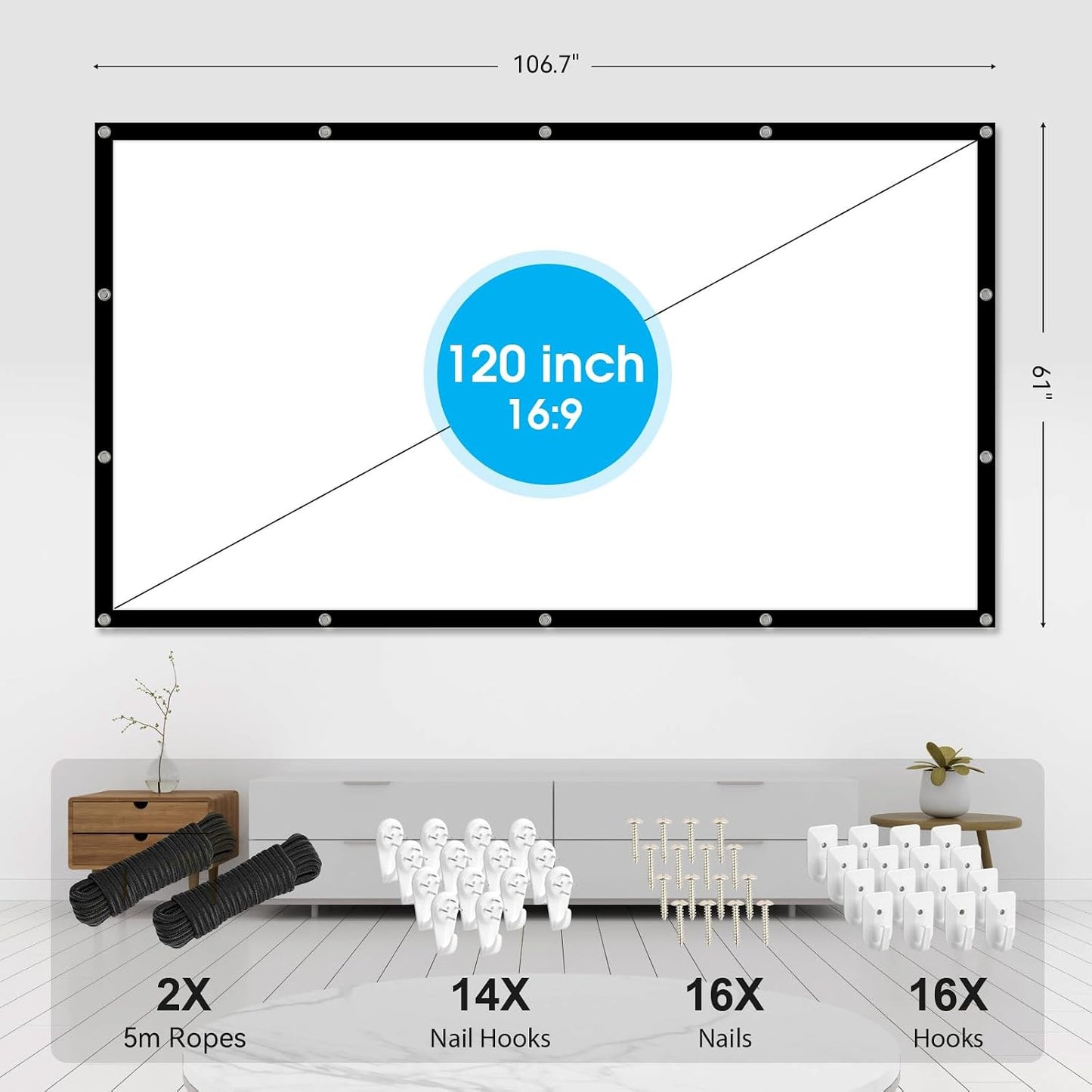 Frocopo 120 inch 16:9 Projector Screen, Foldable Anti-Crease Portable Projection Movies Screens, Double Sided Washable