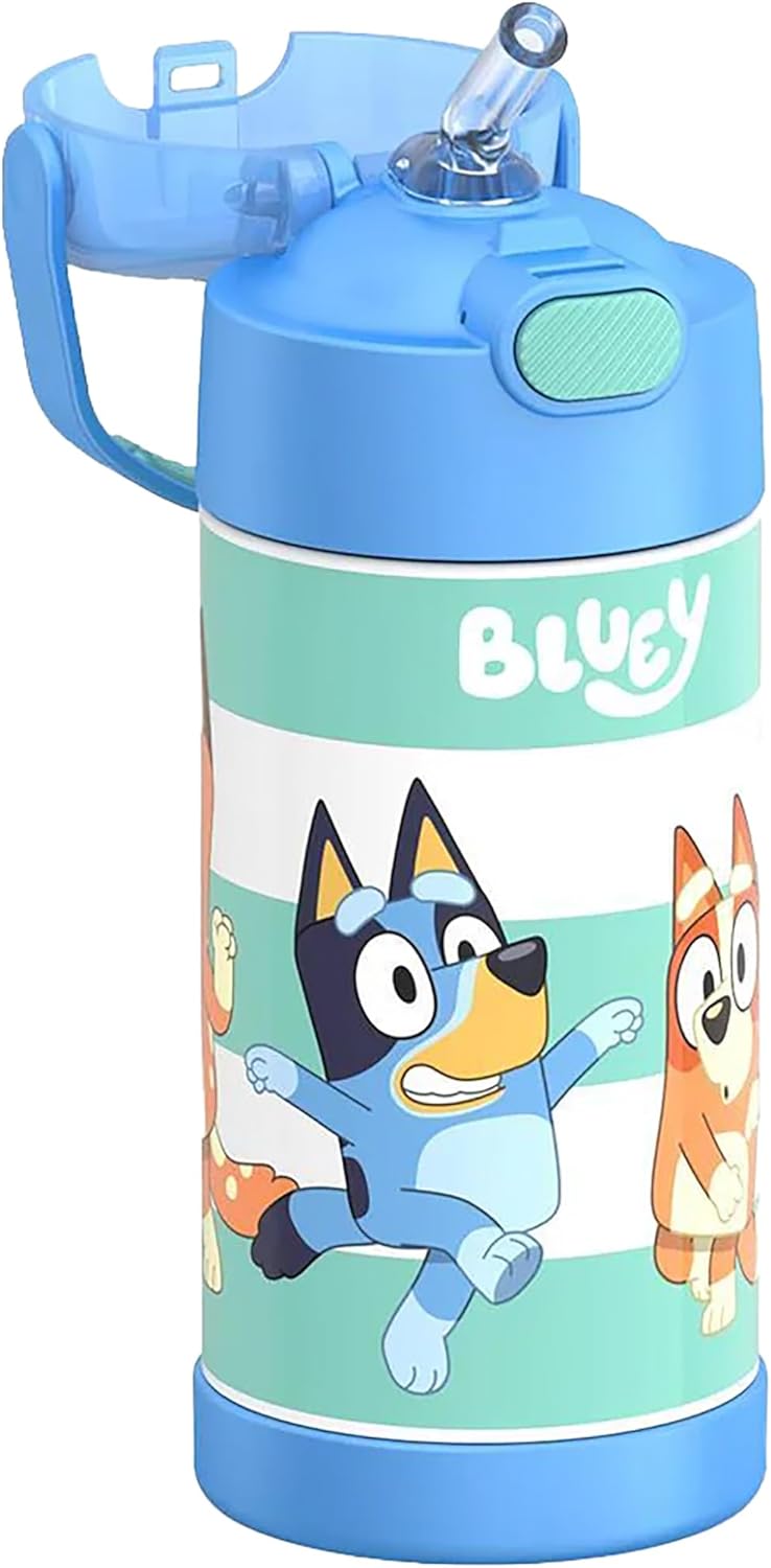 THERMOS FUNTAINER Water Bottle - 12 Ounce Kids Stainless Steel Vacuum Insulated with Straw - Bluey Design