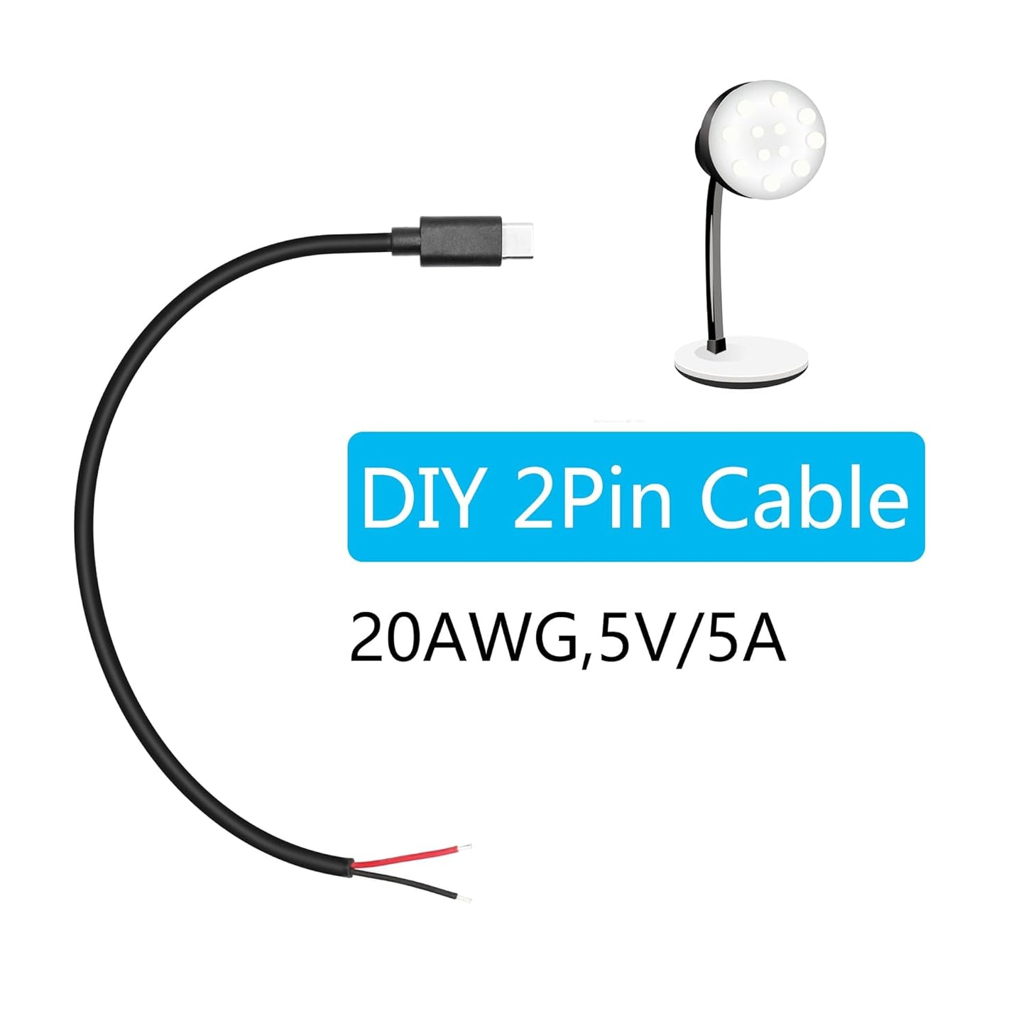 2 11inch, 5V/5A 2 20AWG, 4Pcs USB C to Pin Bare Wire Open End Power Cable USB Type C Male Plug Pin Pigtail Cable