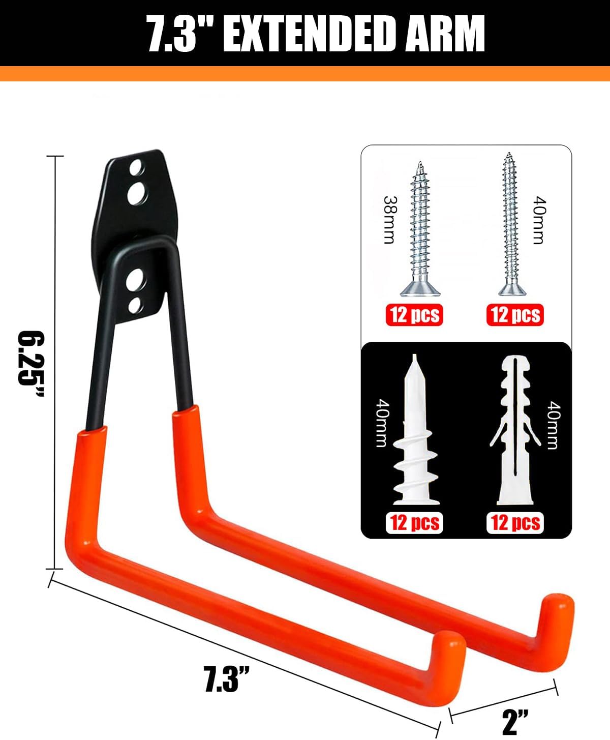 WMK Heavy Duty Garage Hooks - 7.3'' Wall Mount Utility Hooks for Tools & Bikes | 6 Pack (Orange)