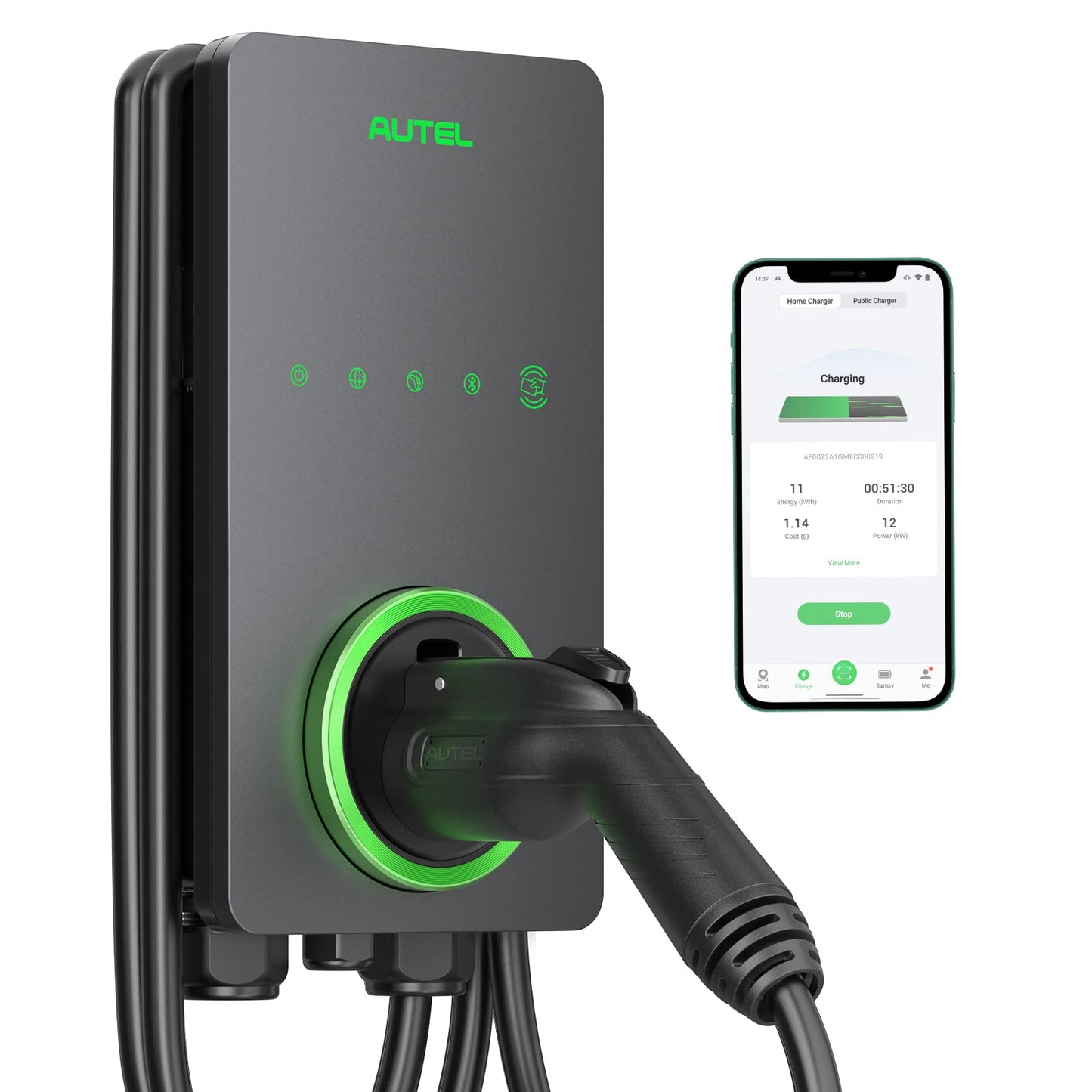 Autel Level 2 EV Charger up to 50Amp, 240V, Indoor/Outdoor Car Charging Station with J1772 Connector, Wi-Fi and Bluetooth Enabled EVSE, 25-Foot Cable, Hardwired, Dark Gray