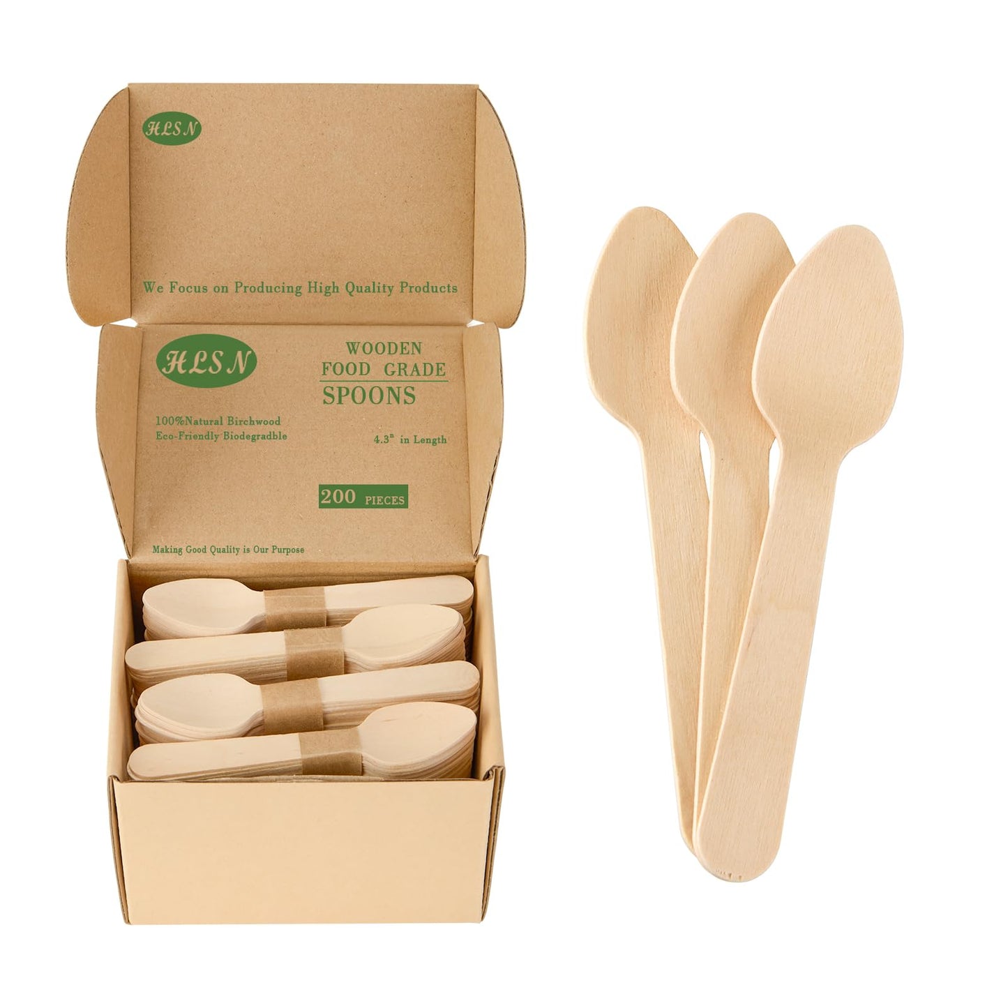 HLSN 200pcs 4 inch Mini Wooden Spoons, Biodegradable CompostableNatural Birchwood, Food Grade Disposable Wooden Cutlery for Parties, Weddings, Camping