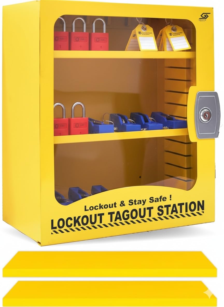 Goppli Lockout Tagout Kit Cabinet - Wall Mount Loto Station for Lock Out Tag Out Safety Locks, OSHA Compliant Steel Lockout Box with 2 Adjustable Shelves, Industrial Yellow Safety Cabinet Unfilled