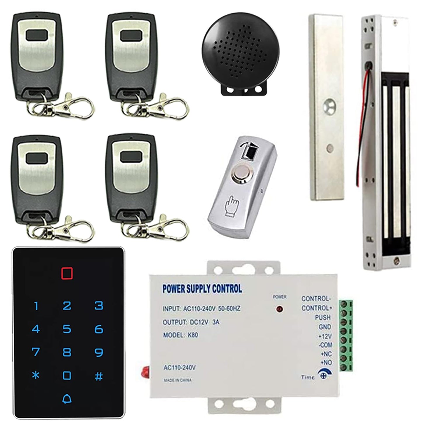 MENGQI-CONTROL Weatherproof Keypad 600lbs Magnetic Lock(Waterproof) 4 Remote Access Control Kit 110-240V Power Supply Unit Push to Exit Button Buzzer Sounder for Visitor in