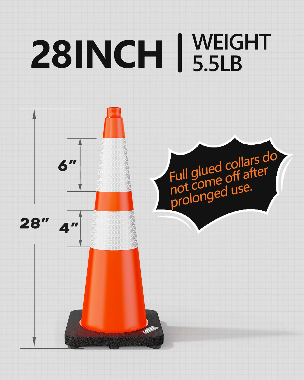 (8 Pack) BATTIFE Traffic Cones 28 Inch with Black Weighted Base, PVC Orange Cone for Traffic Control, Construction Events, Driveway Road Parking Lot