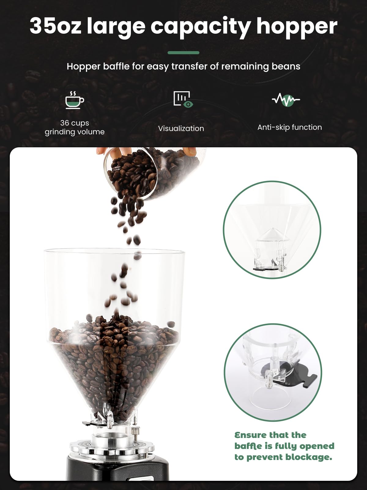 Huanyu Burr Coffee Grinder- Stainless Steel Flat Burr, 19 Precise Grind Settings, 35oz Capacity and Dual Dosing for Espresso, Pour Over, French Press, Black