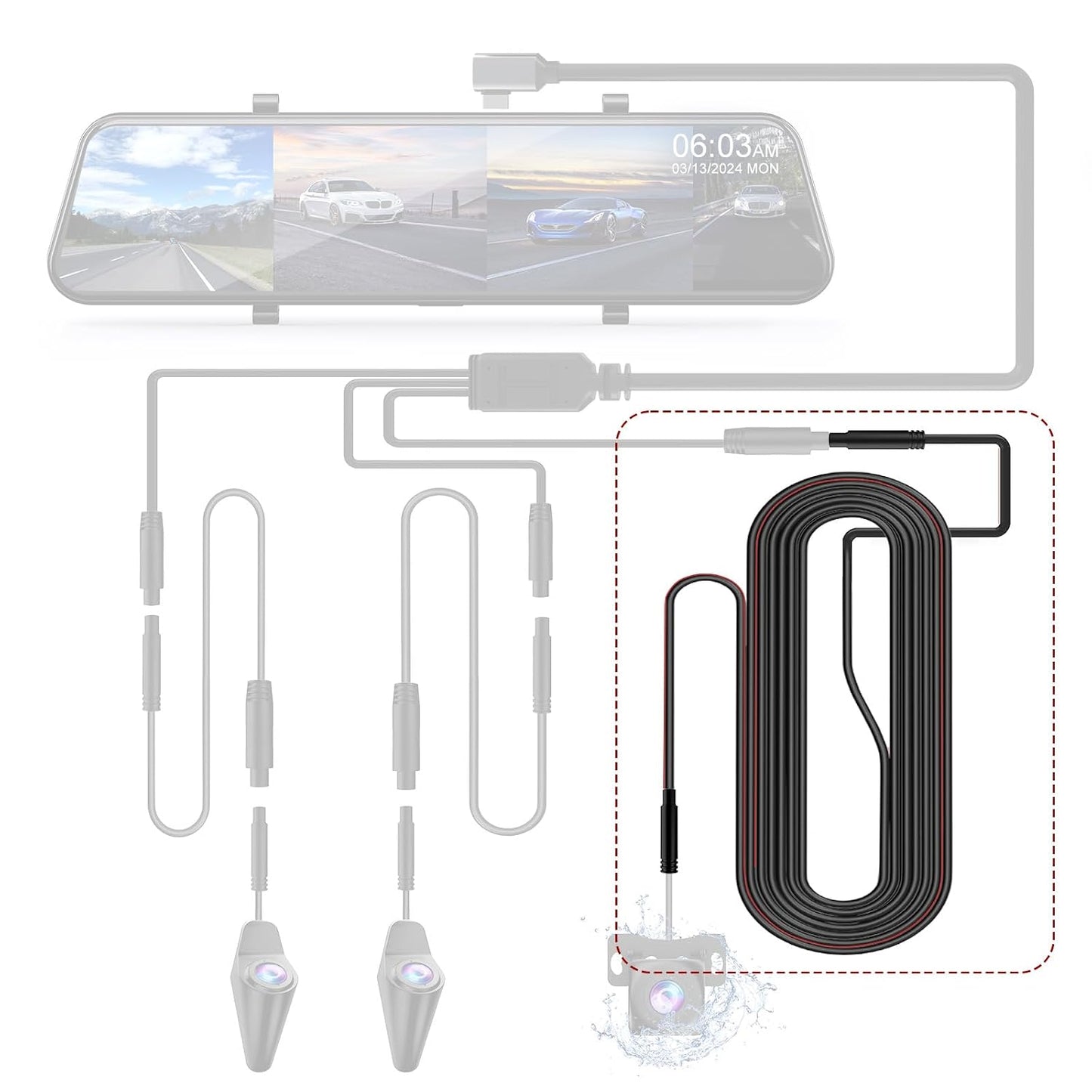 18ft D90/D90-4CH-MINI/J20/J30/H5 PRUVEEO Rearview Camera Extension Cable for Dash Cam, Car Recorder Reverse Backup