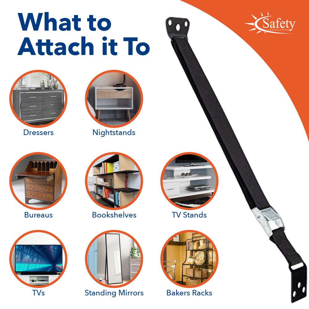 Safety Innovations Heavy Duty TV and Furniture Straps - Baby Proofing Anti Tip Straps for Child and Baby Safety - Expert Designed Strap Anchors Furniture to Walls to Prevent Tip-Overs 2Pk (Black)